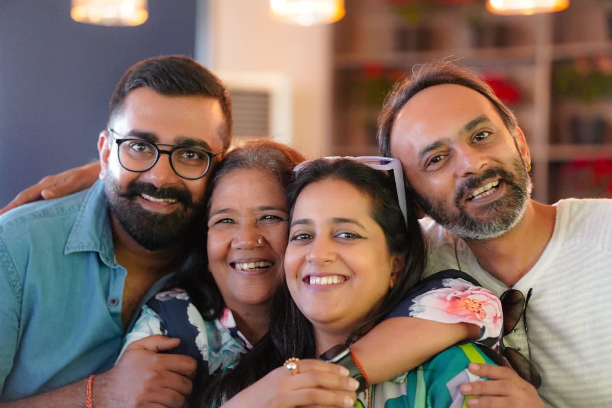 Warm family portrait, laughing together